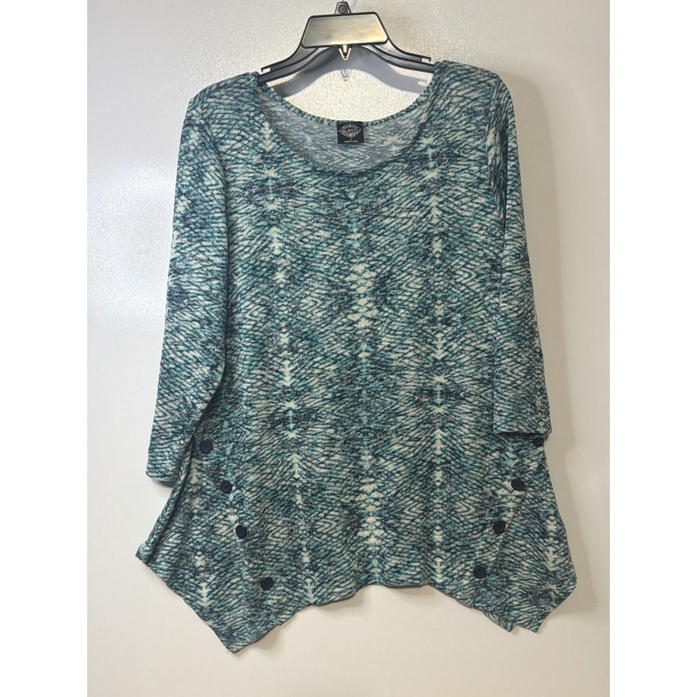 Cal Style Teal Geometric Sharkbite Tunic Top Button Accent Large